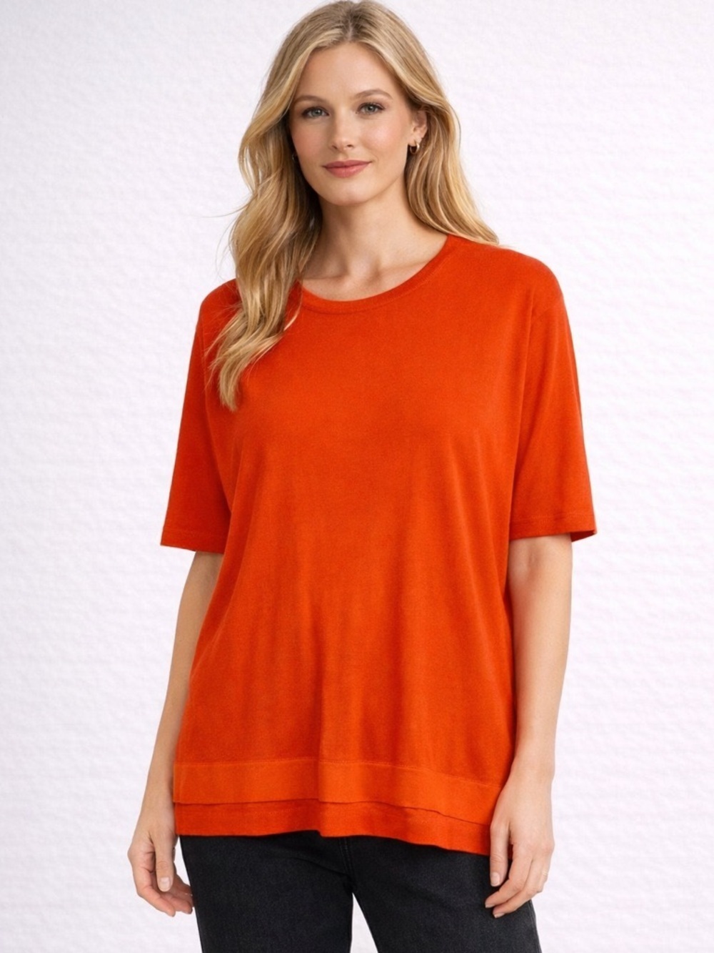 Eileen Fisher Tencel Silk Knit Short Sleeve Sweater Orange Red Size PS